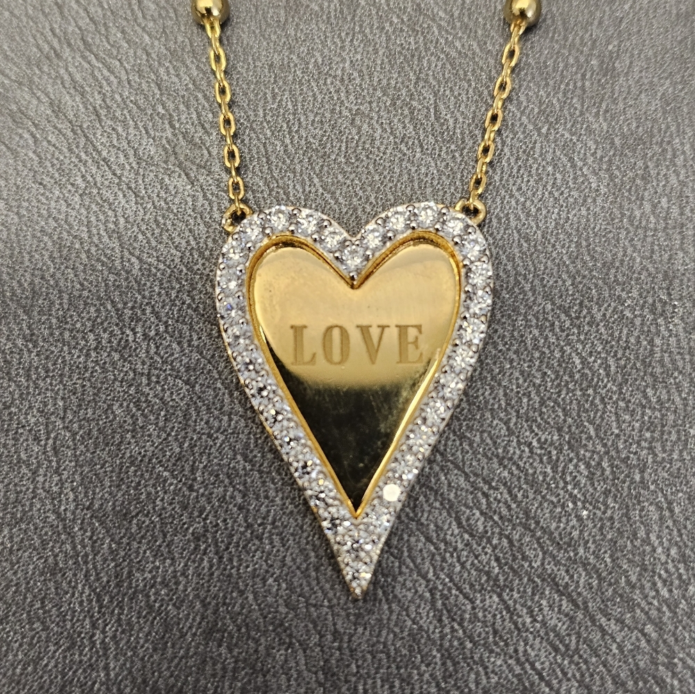 "LOVE" Heart necklace with Cubic Zirconia halo. Gold plated Sterling silver.